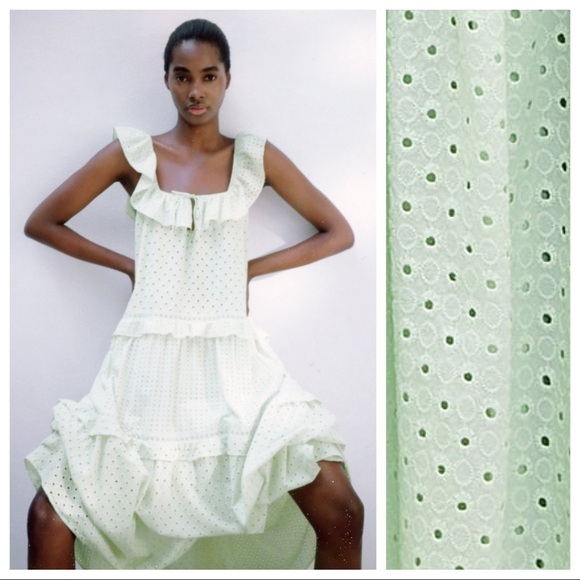 NWT. Zara Mint Green Open Work Embroidered Midi Dress. Size XS. - Picture 2 of 8